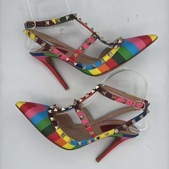 Valentino Garavani 1973 Rainbow Chevron Rockstud T-Strap Heels EU37.5/ US 7.5 - Picture 11 of 16